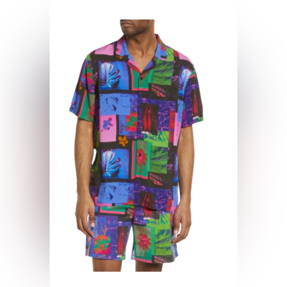 Open Edit Men’s Relaxed Fit Collage Print Button Up - Size Small